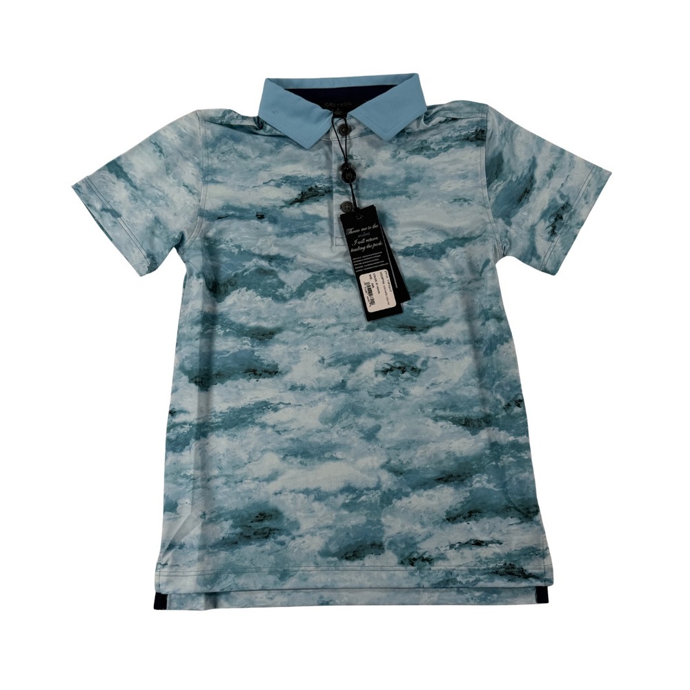 NWT Greyson Youth Boys Polo Shirt Size S Blue Cloud Print Golf Performance
